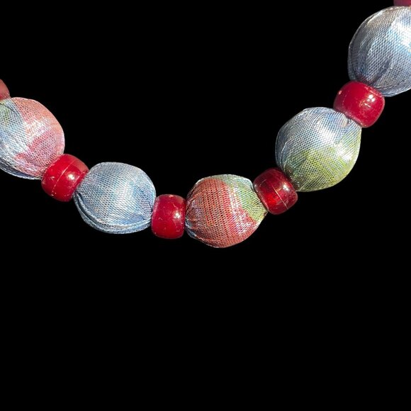 Colorful Fabric Bead Necklace Burgundy Spacers Boho Statement Jewelry Gift - Picture 6 of 7